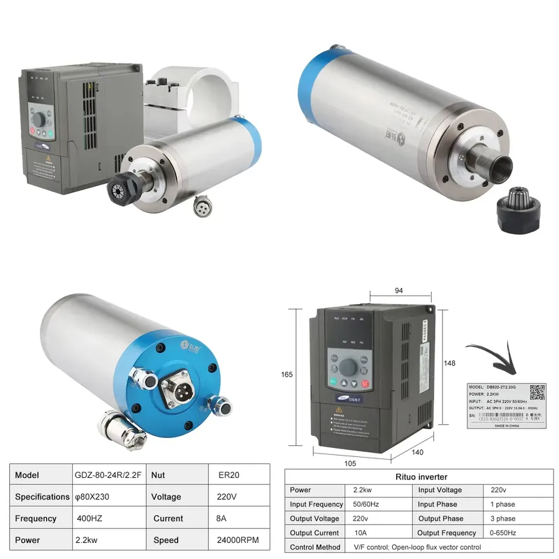2.2Kw Water Cooled Spindle Kit Vfd - ชุดแกนมอเตอร์ CNC รุ่น ER20 2.2kw ระบายความร้อนด้วยน้ำ